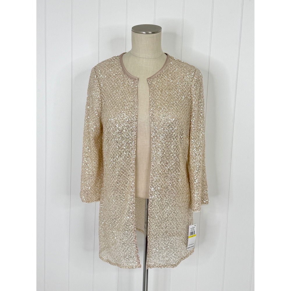 Alex Evenings Sequin Jacket Champagne Lace Open Front NWT Women Size M Evening